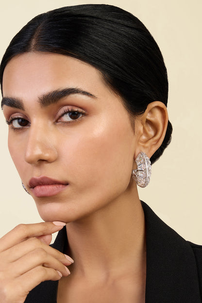 White Rhodium Finish Custom-Cut CZ Stone Hoop Earrings