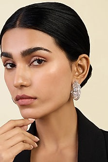 White Rhodium Finish Custom-Cut CZ Stone Hoop Earrings