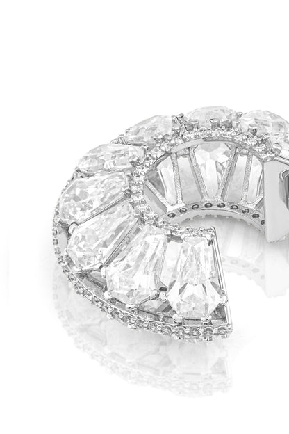 White Rhodium Finish Custom-Cut CZ Stone Hoop Earrings