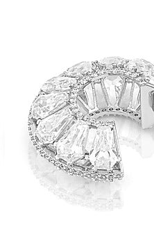 White Rhodium Finish Custom-Cut CZ Stone Hoop Earrings