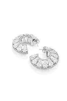 White Rhodium Finish Custom-Cut CZ Stone Hoop Earrings