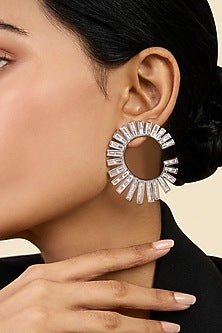 White Rhodium Finish Custom-Cut CZ Stone Stud Earrings
