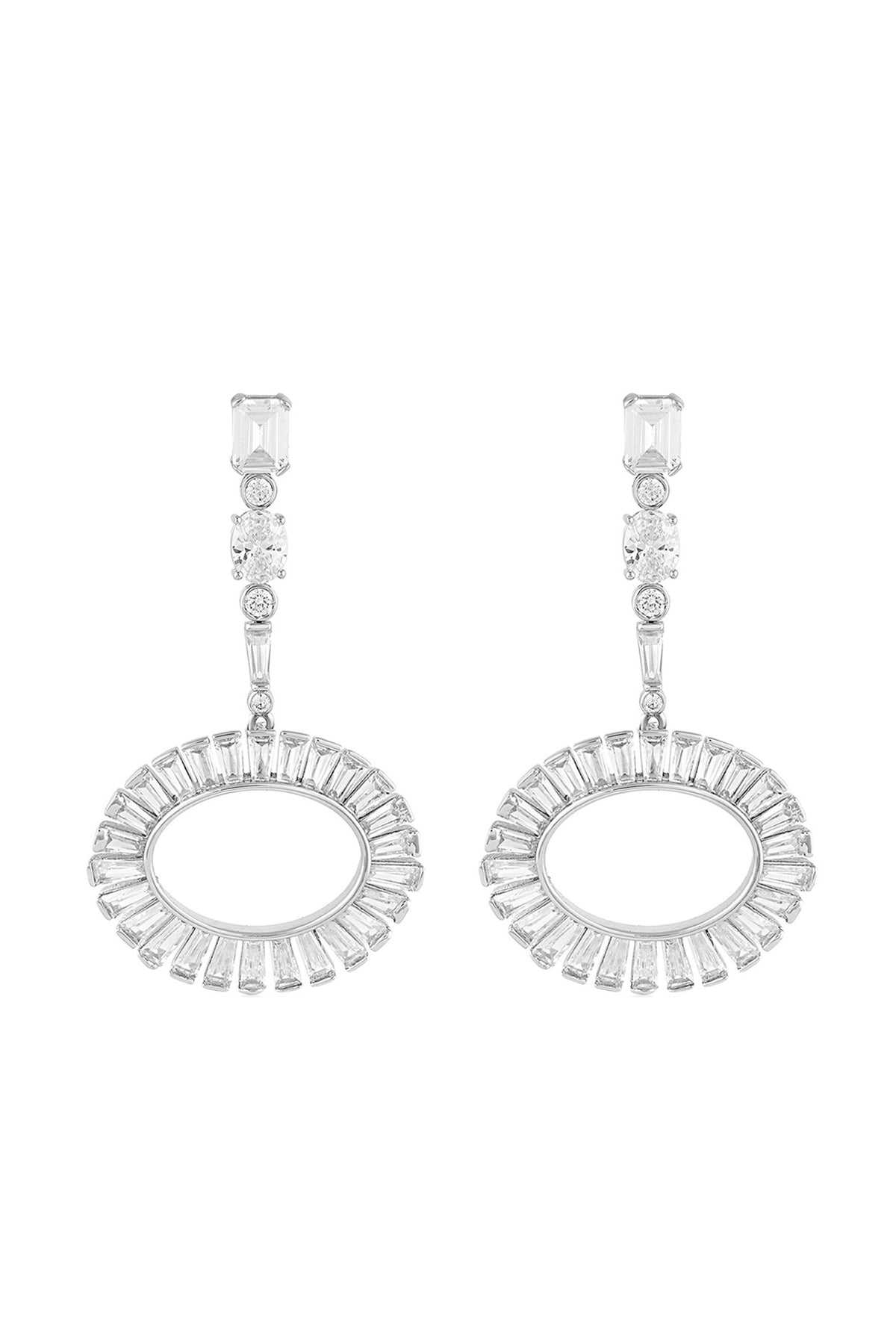 White Rhodium Finish Custom-Cut CZ Stone Dangler Earrings