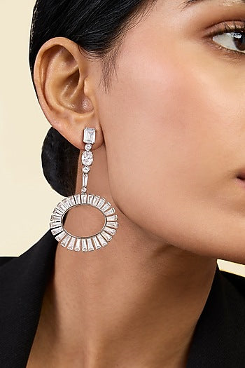 White Rhodium Finish Custom-Cut CZ Stone Dangler Earrings