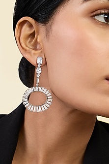 White Rhodium Finish Custom-Cut CZ Stone Dangler Earrings