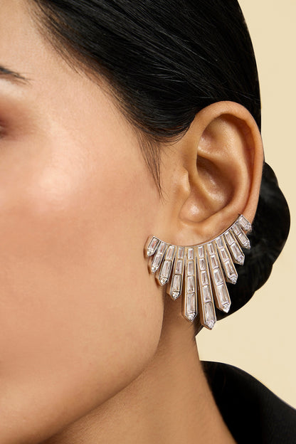 White Rhodium Finish Custom-Cut CZ Stone Stud Earrings