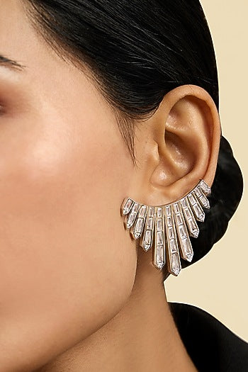 White Rhodium Finish Custom-Cut CZ Stone Stud Earrings
