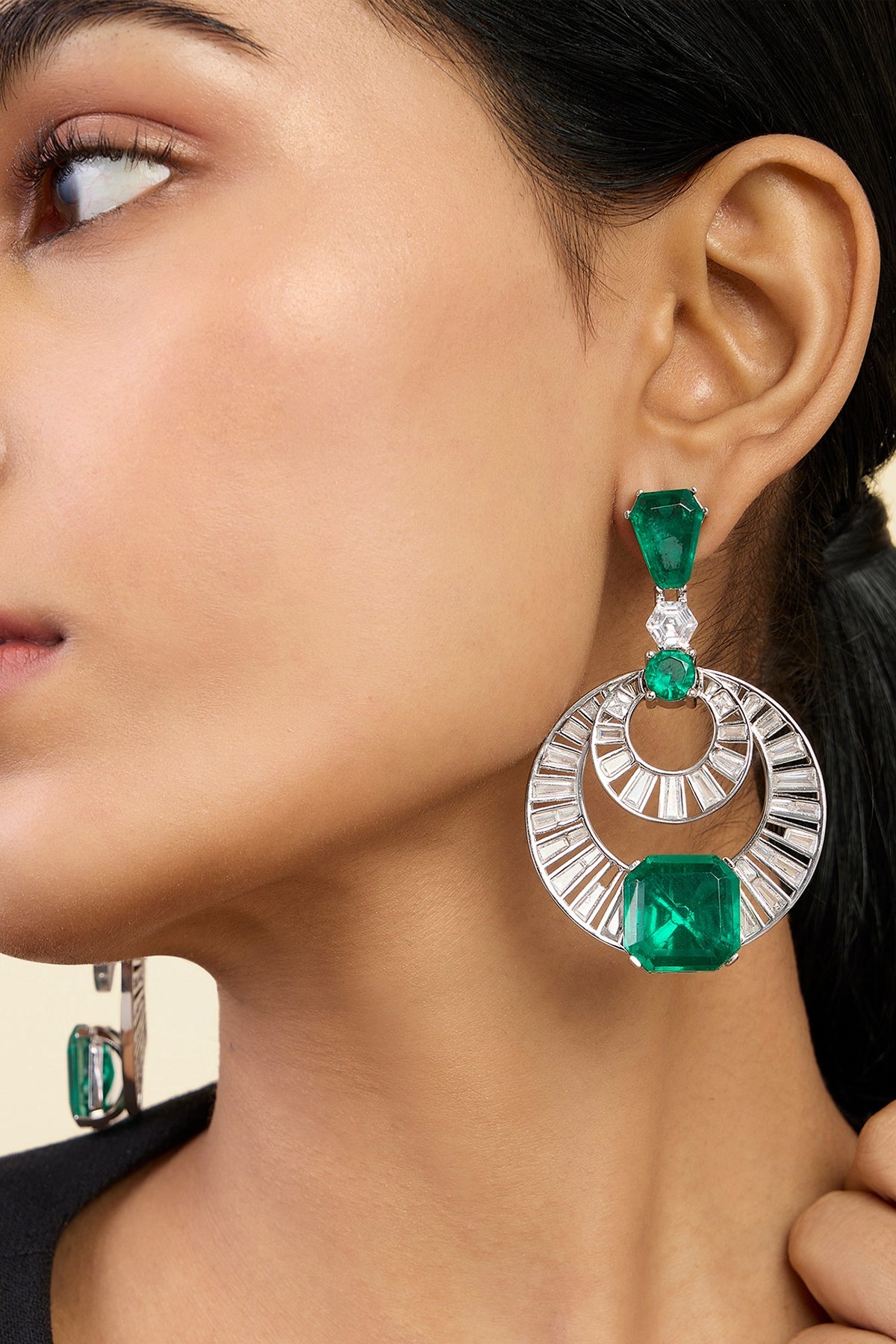 White Rhodium Finish Custom-Cut CZ Stone & Doublet Dark Emerald Chandbali Earrings
