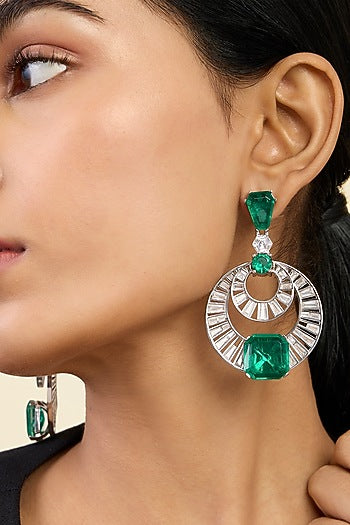 White Rhodium Finish Custom-Cut CZ Stone & Doublet Dark Emerald Chandbali Earrings