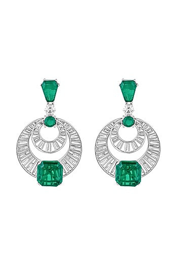 White Rhodium Finish Custom-Cut CZ Stone & Doublet Dark Emerald Chandbali Earrings