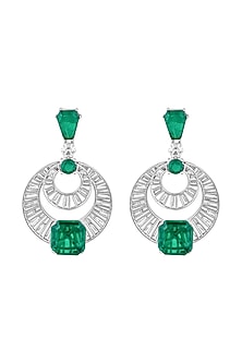 White Rhodium Finish Custom-Cut CZ Stone & Doublet Dark Emerald Chandbali Earrings