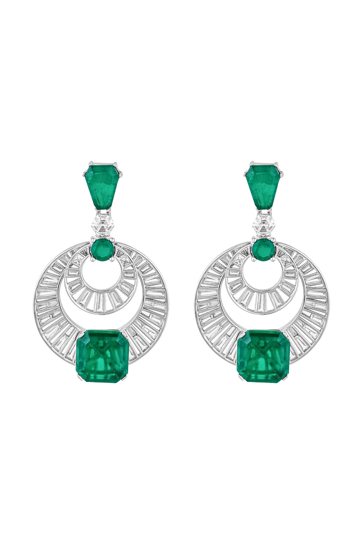 White Rhodium Finish Custom-Cut CZ Stone & Doublet Dark Emerald Chandbali Earrings