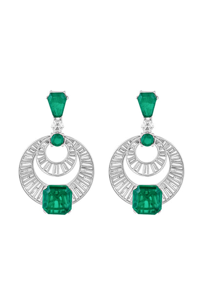 White Rhodium Finish Custom-Cut CZ Stone & Doublet Dark Emerald Chandbali Earrings