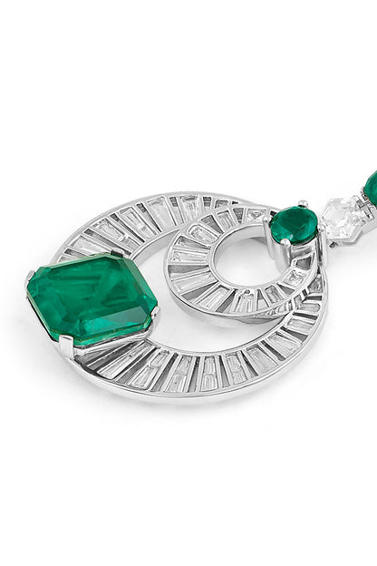 White Rhodium Finish Custom-Cut CZ Stone & Doublet Dark Emerald Chandbali Earrings