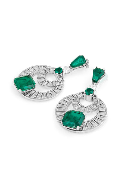 White Rhodium Finish Custom-Cut CZ Stone & Doublet Dark Emerald Chandbali Earrings