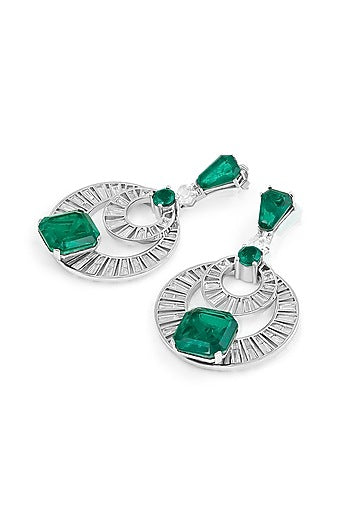 White Rhodium Finish Custom-Cut CZ Stone & Doublet Dark Emerald Chandbali Earrings