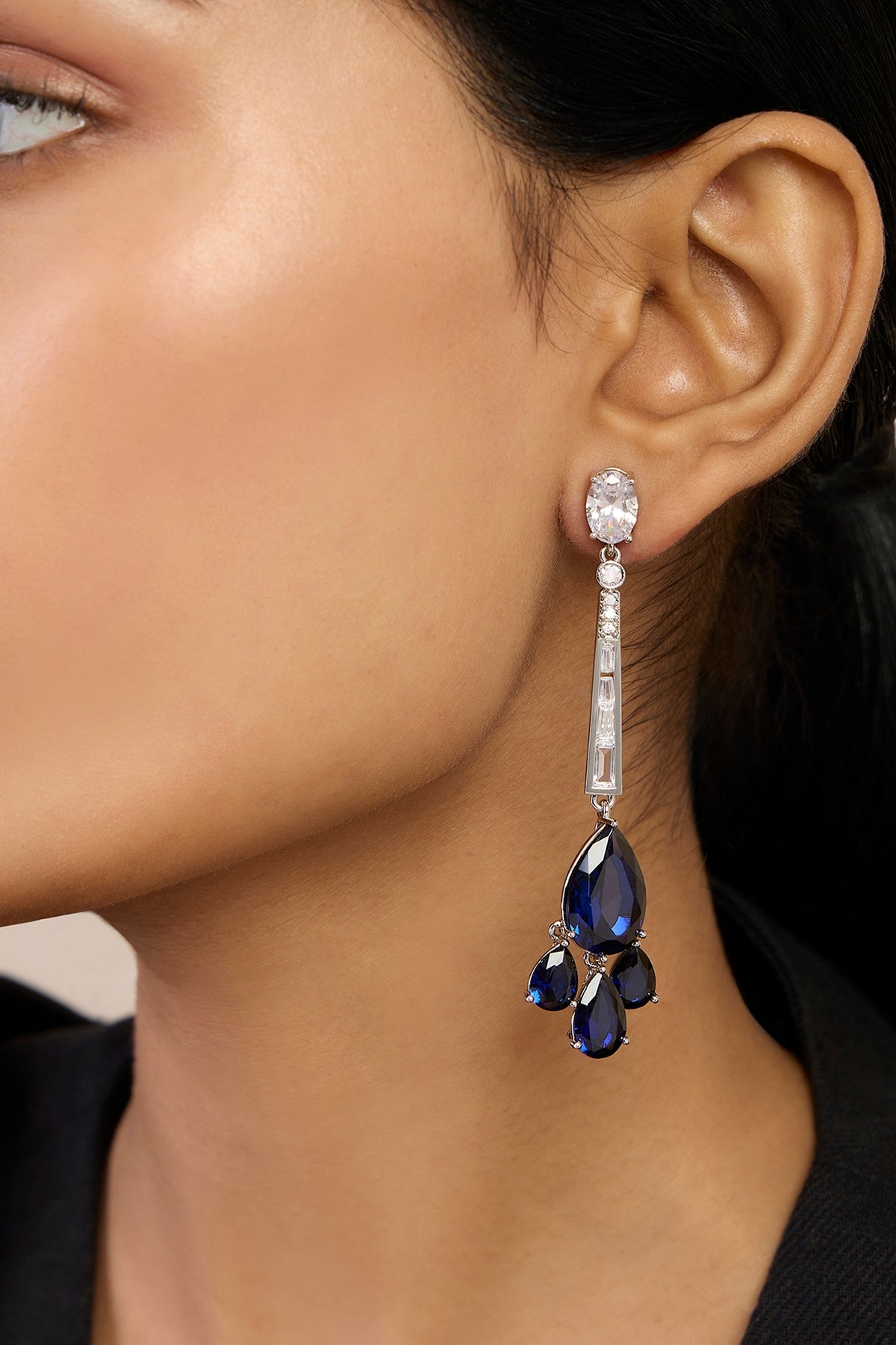White Rhodium Finish Blue Corundum & CZ Stone Drop Dangler Earrings