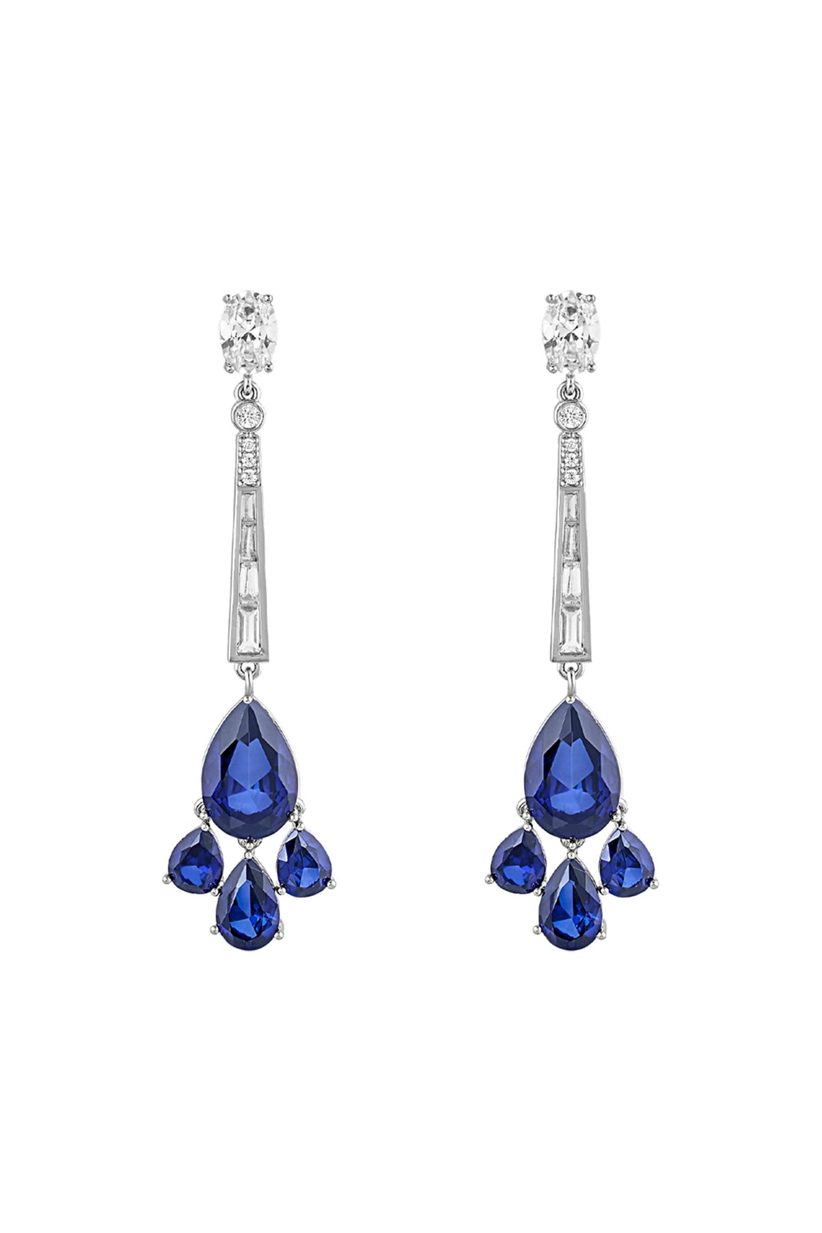 White Rhodium Finish Blue Corundum & CZ Stone Drop Dangler Earrings