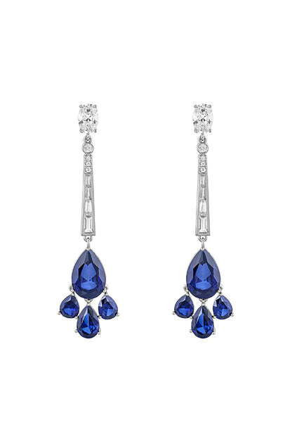 White Rhodium Finish Blue Corundum & CZ Stone Drop Dangler Earrings