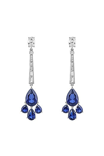 White Rhodium Finish Blue Corundum & CZ Stone Drop Dangler Earrings