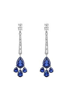 White Rhodium Finish Blue Corundum & CZ Stone Drop Dangler Earrings