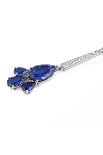 White Rhodium Finish Blue Corundum & CZ Stone Drop Dangler Earrings