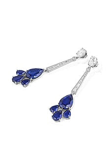White Rhodium Finish Blue Corundum & CZ Stone Drop Dangler Earrings