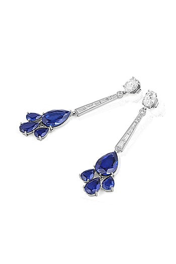White Rhodium Finish Blue Corundum & CZ Stone Drop Dangler Earrings