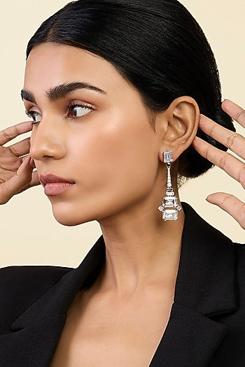 White Rhodium Finish Custom-Cut CZ Stone Enameled Dangler Earrings