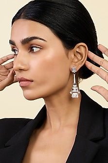 White Rhodium Finish Custom-Cut CZ Stone Enameled Dangler Earrings