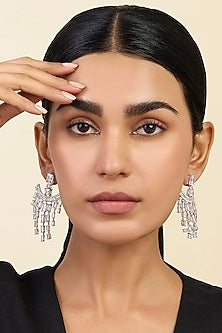 White Rhodium Finish Custom-Cut CZ Stone Dangler Earrings