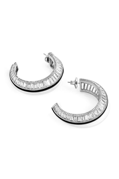 White Rhodium Finish CZ Stone Hoop Earrings