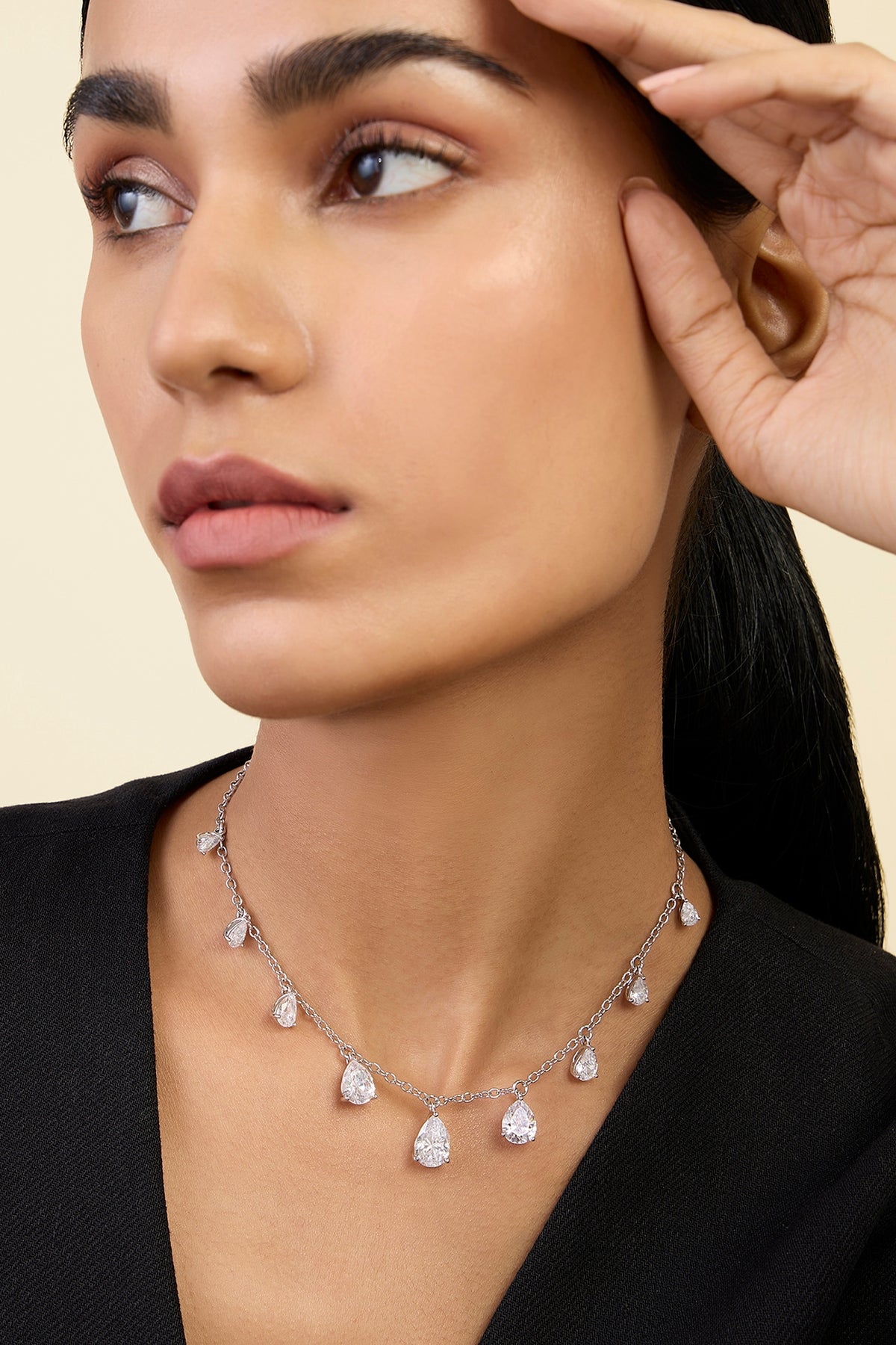 White Rhodium Finish Custom-Cut CZ Stone Choker Necklace