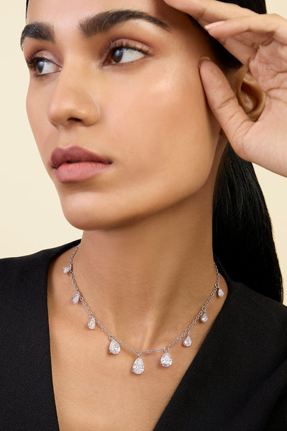 White Rhodium Finish Custom-Cut CZ Stone Choker Necklace