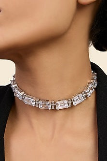 White Rhodium Finish Cushion Cut Diamond & CZ Stone Choker Necklace