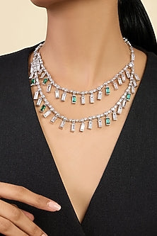 White Rhodium Finish Custom-Cut CZ & Green Stone Collar Necklace