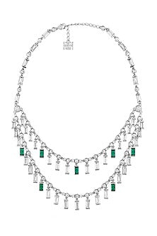 White Rhodium Finish Custom-Cut CZ & Green Stone Collar Necklace