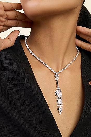 White Rhodium Finish Custom-Cut CZ Stone Tiered Necklace
