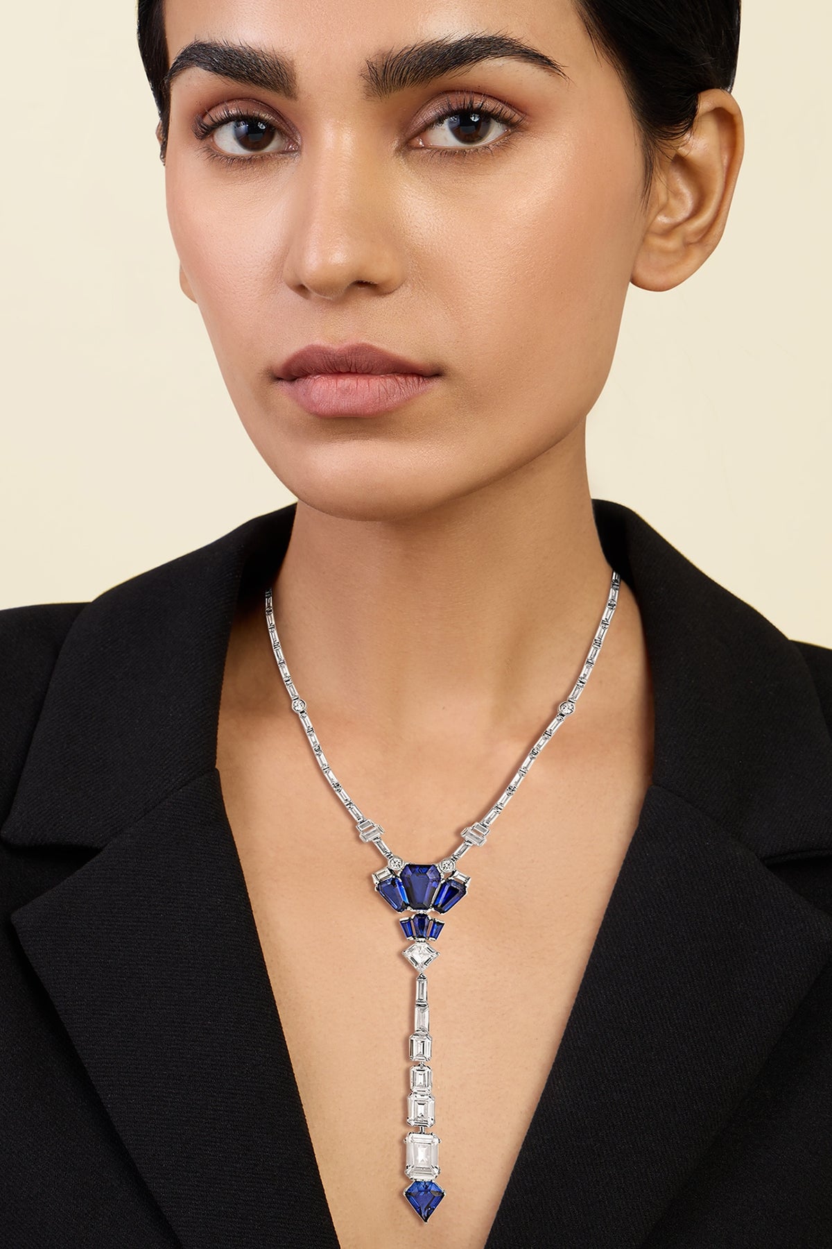 White Rhodium Finish CZ & Blue Corundum Stone Necklace