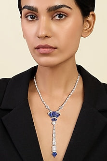 White Rhodium Finish CZ & Blue Corundum Stone Necklace