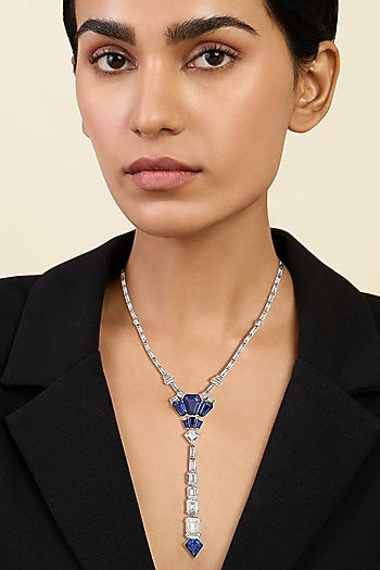 White Rhodium Finish CZ & Blue Corundum Stone Necklace
