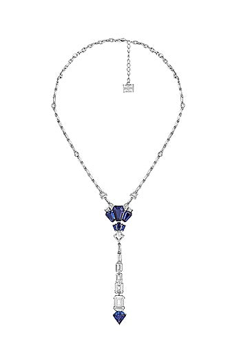 White Rhodium Finish CZ & Blue Corundum Stone Necklace