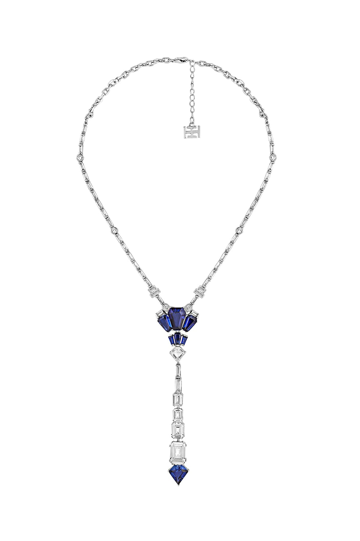 White Rhodium Finish CZ & Blue Corundum Stone Necklace