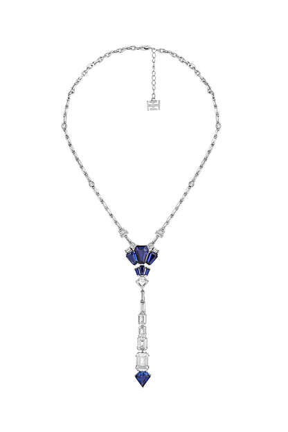 White Rhodium Finish CZ & Blue Corundum Stone Necklace