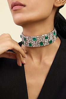 White Rhodium Finish CZ & Doublet Dark Emerald Stone Choker Necklace