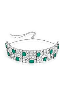 White Rhodium Finish CZ & Doublet Dark Emerald Stone Choker Necklace