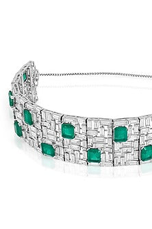 White Rhodium Finish CZ & Doublet Dark Emerald Stone Choker Necklace