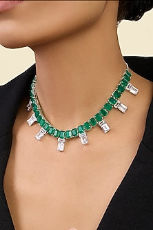 White Rhodium Finish Custom-Cut CZ & Doublet Dark Emerald Stone Choker Necklace