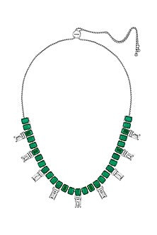 White Rhodium Finish Custom-Cut CZ & Doublet Dark Emerald Stone Choker Necklace