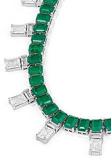 White Rhodium Finish Custom-Cut CZ & Doublet Dark Emerald Stone Choker Necklace